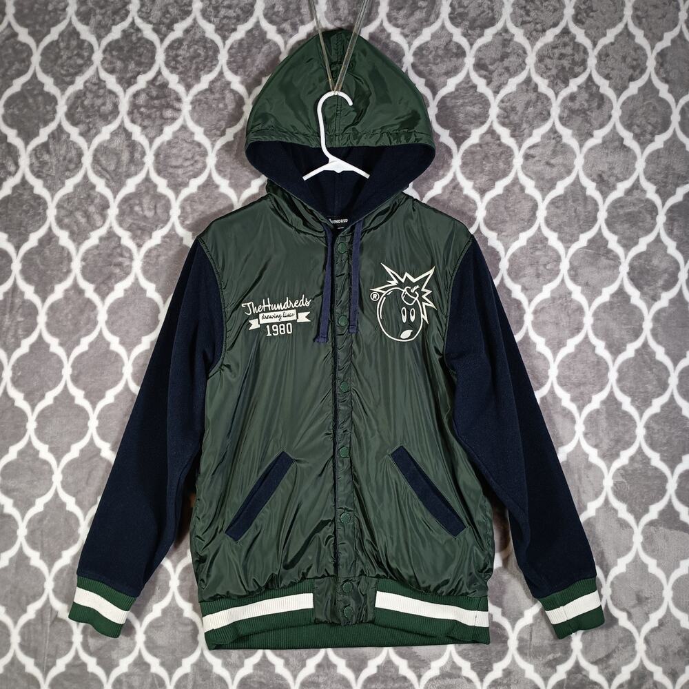 The Hundreds Jacket Size Medium Green Navy HUGE Back Logo Adam Bomb Streetwear